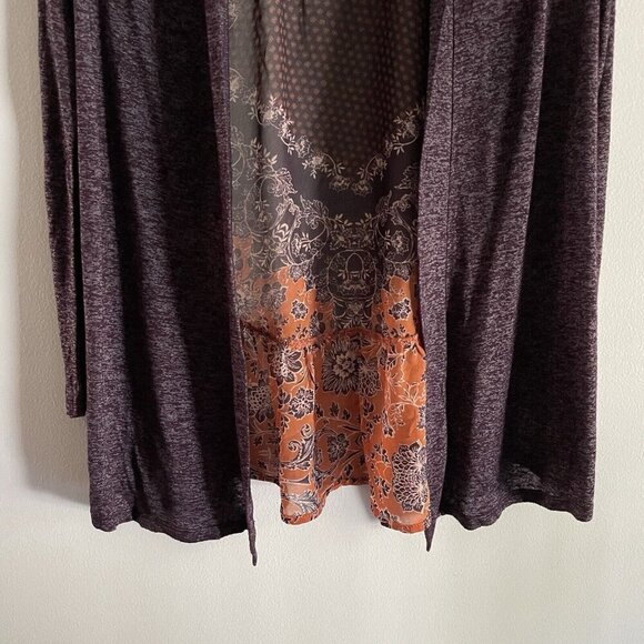 Maurices Women XS Purple Floral Chiffon Back Boho Open Front Cardigan Sweater - Picture 3 of 11